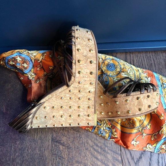 Gucci Brown Leather Studded Cork Wedge Sandals - Picture 3 of 12